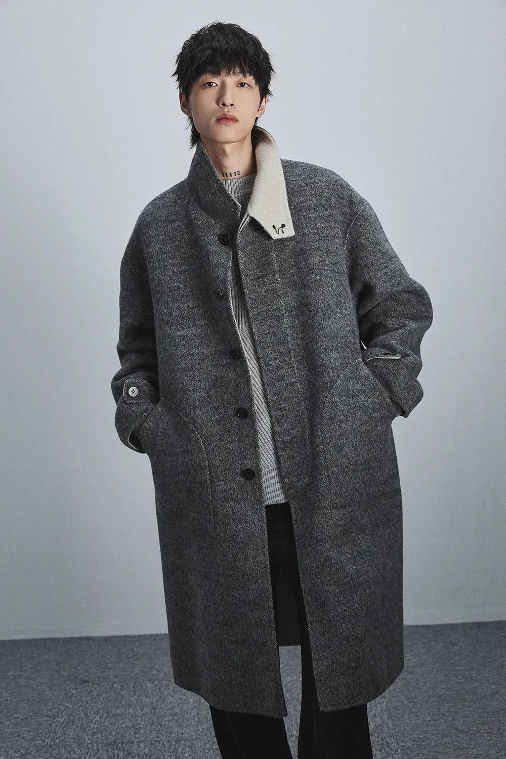 Double-Faced Two-Tone High Neck Handcrafted Coat