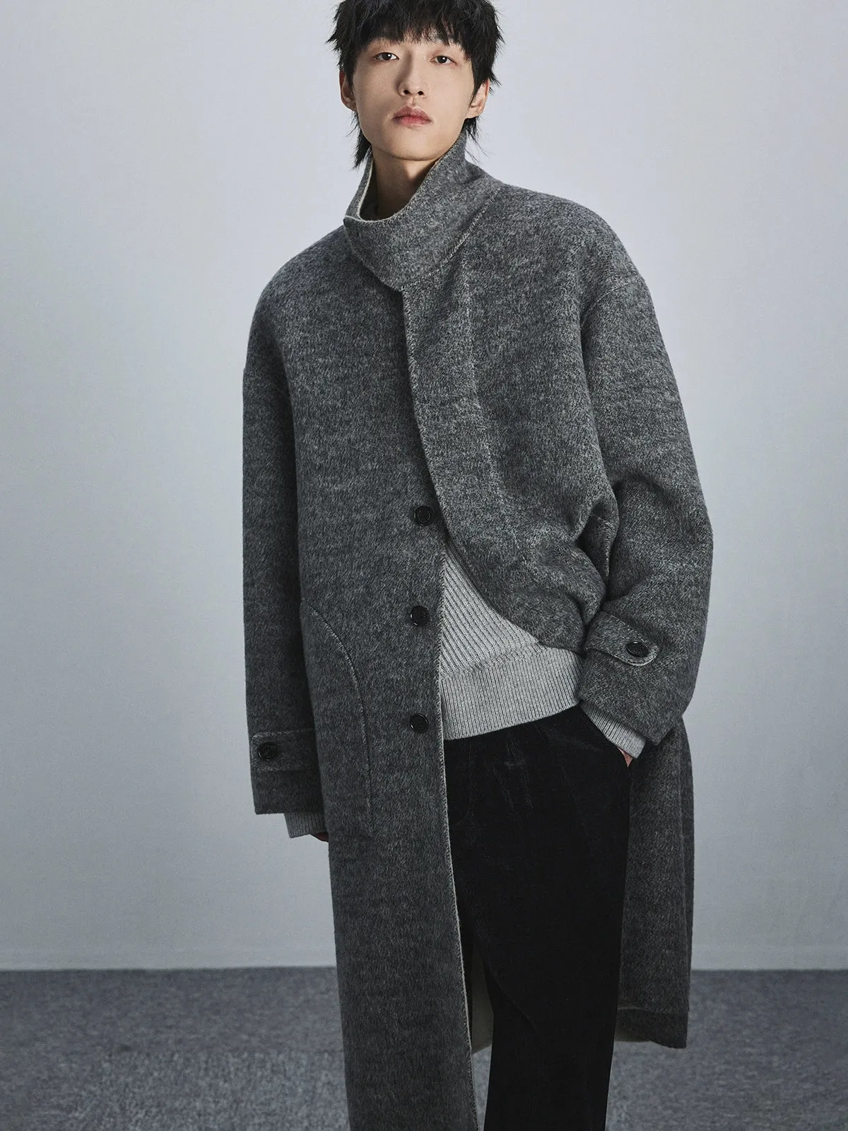 Double-Faced Two-Tone High Neck Handcrafted Coat