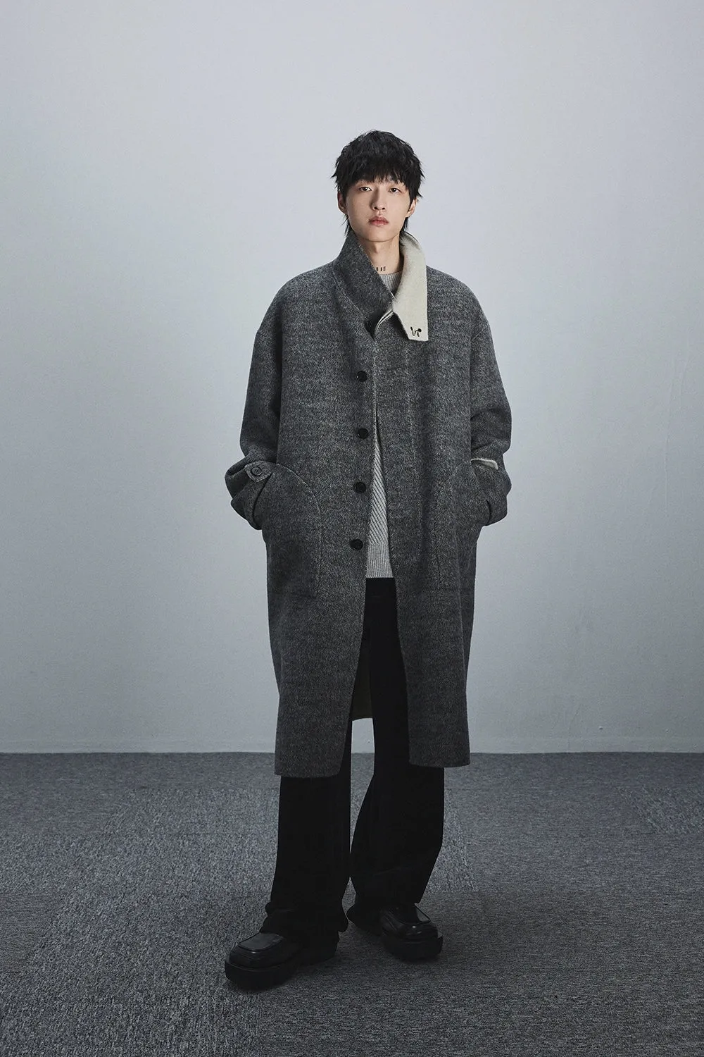 Double-Faced Two-Tone High Neck Handcrafted Coat