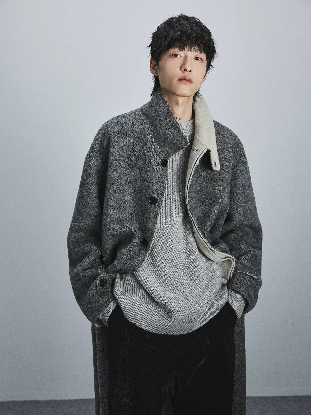 Double-Faced Two-Tone High Neck Handcrafted Coat