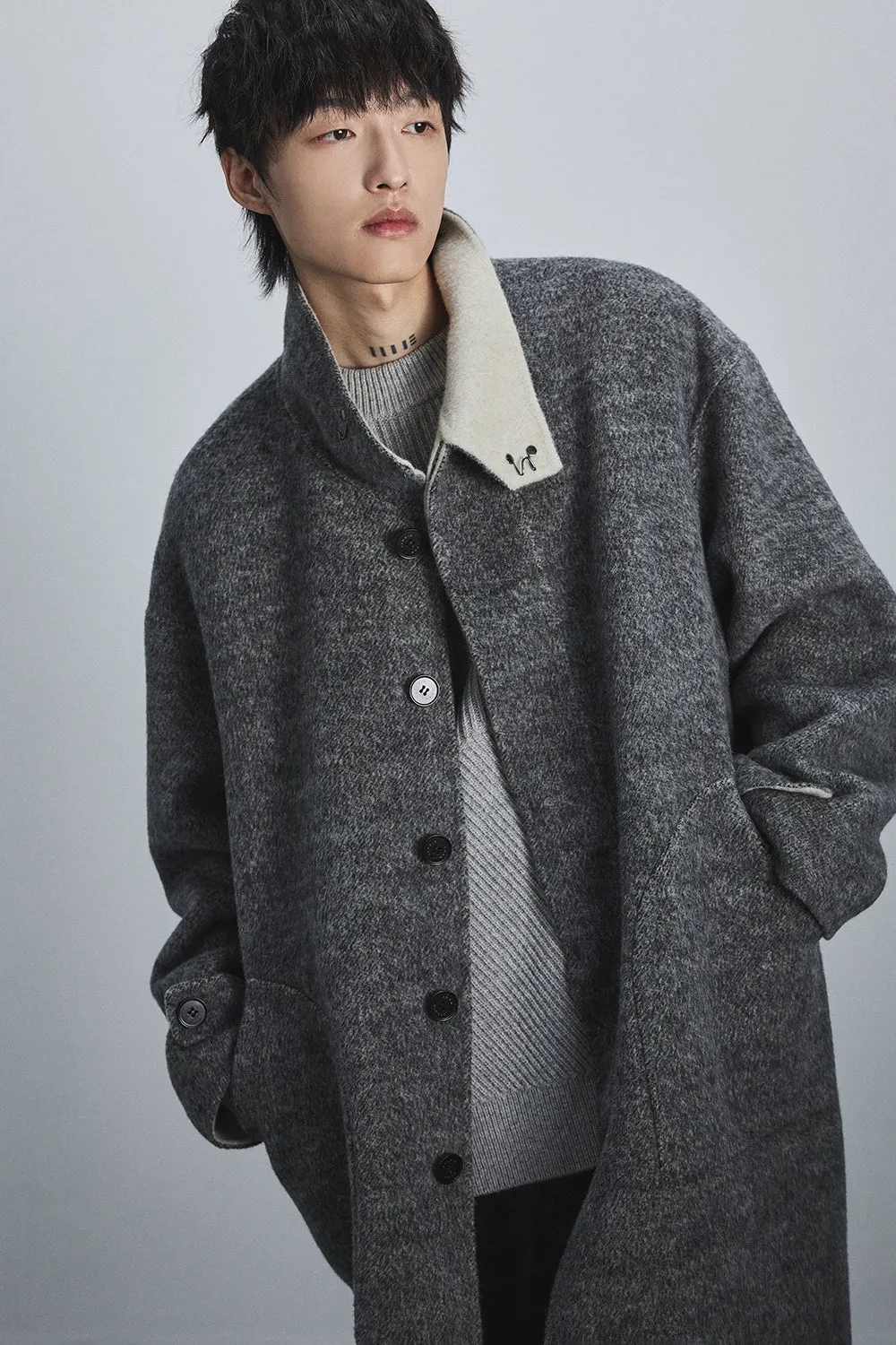 Double-Faced Two-Tone High Neck Handcrafted Coat