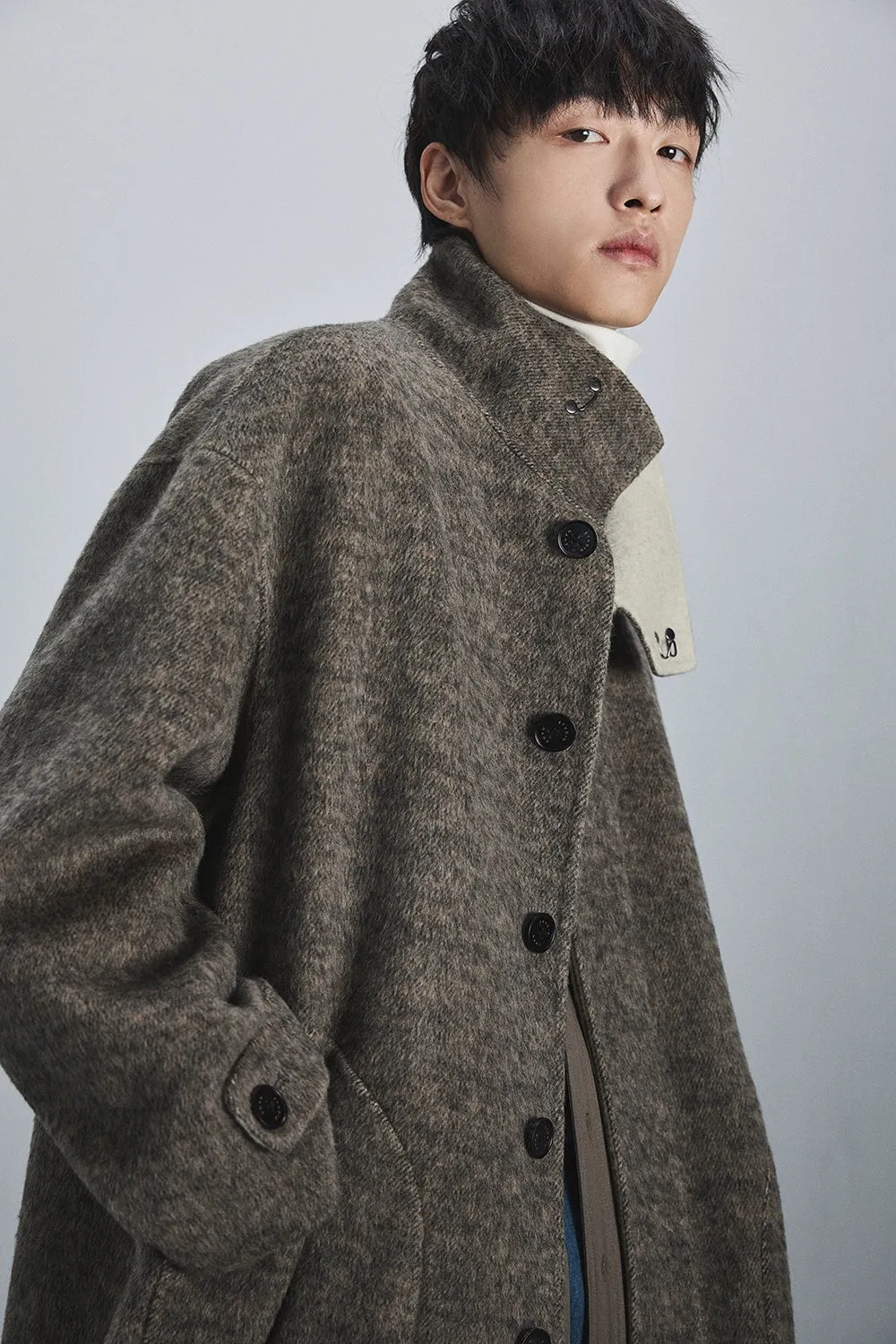 Double-Faced Two-Tone High Neck Handcrafted Coat