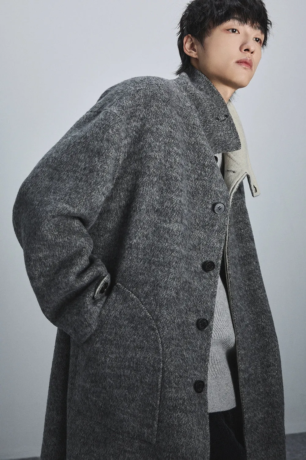 Double-Faced Two-Tone High Neck Handcrafted Coat