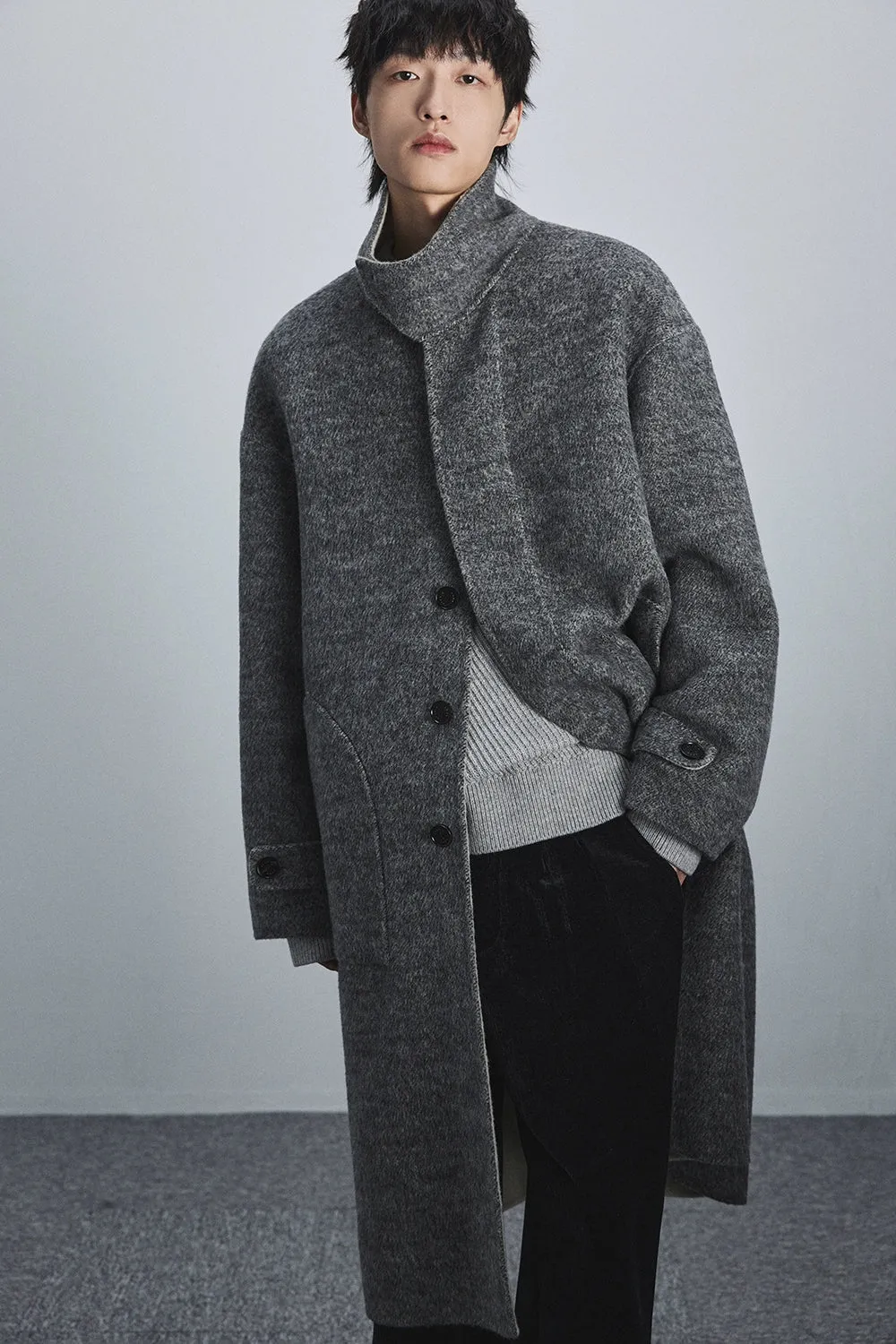 Double-Faced Two-Tone High Neck Handcrafted Coat