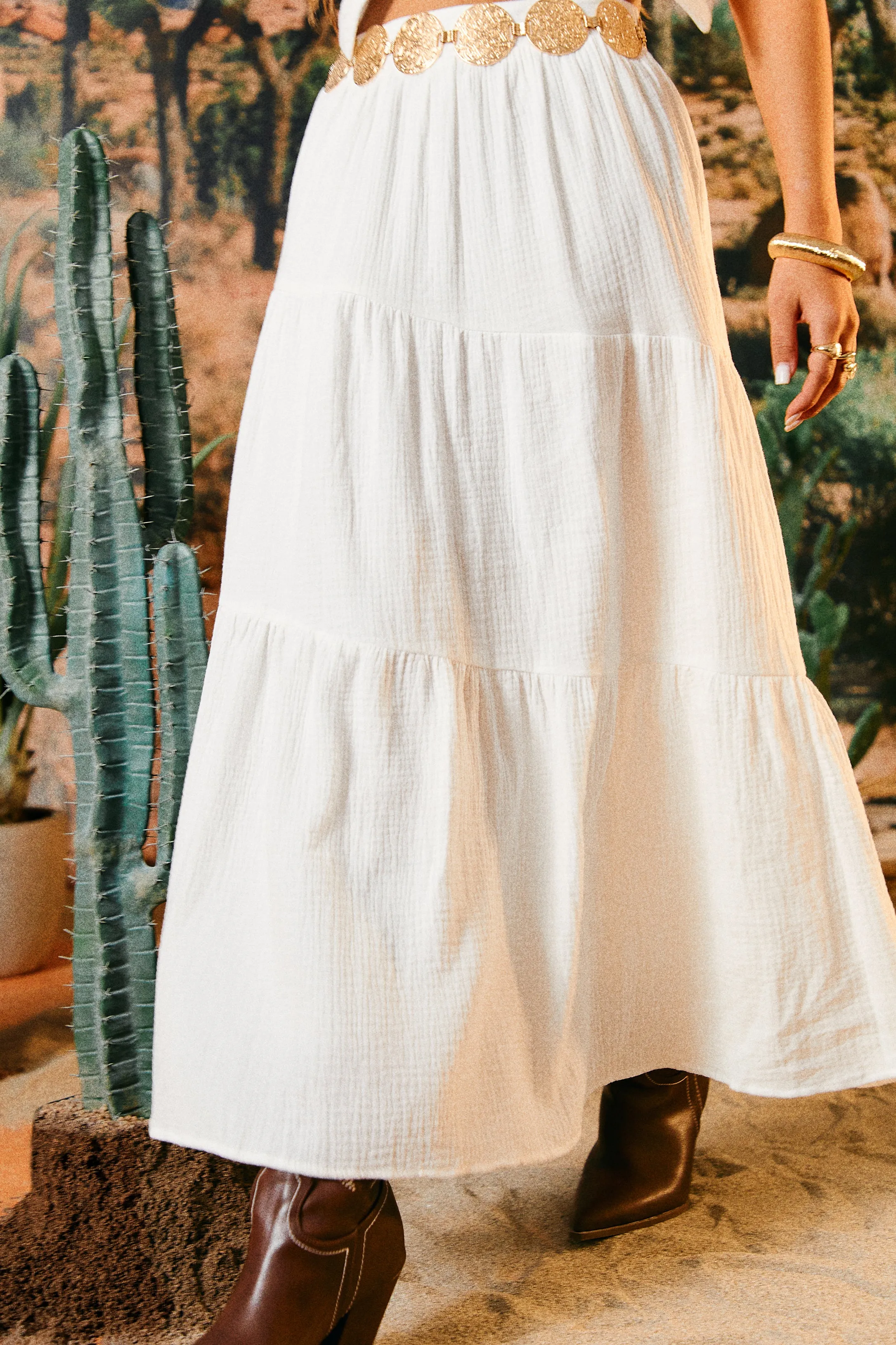 Elya Ruffle Woven Crepe Maxi Skirt - White