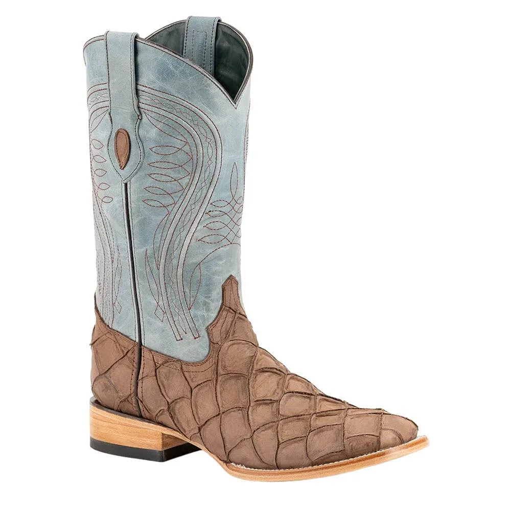 Ferrini Bronco Brown Pirarucu Print Square Toe Leather Cowboy Boots