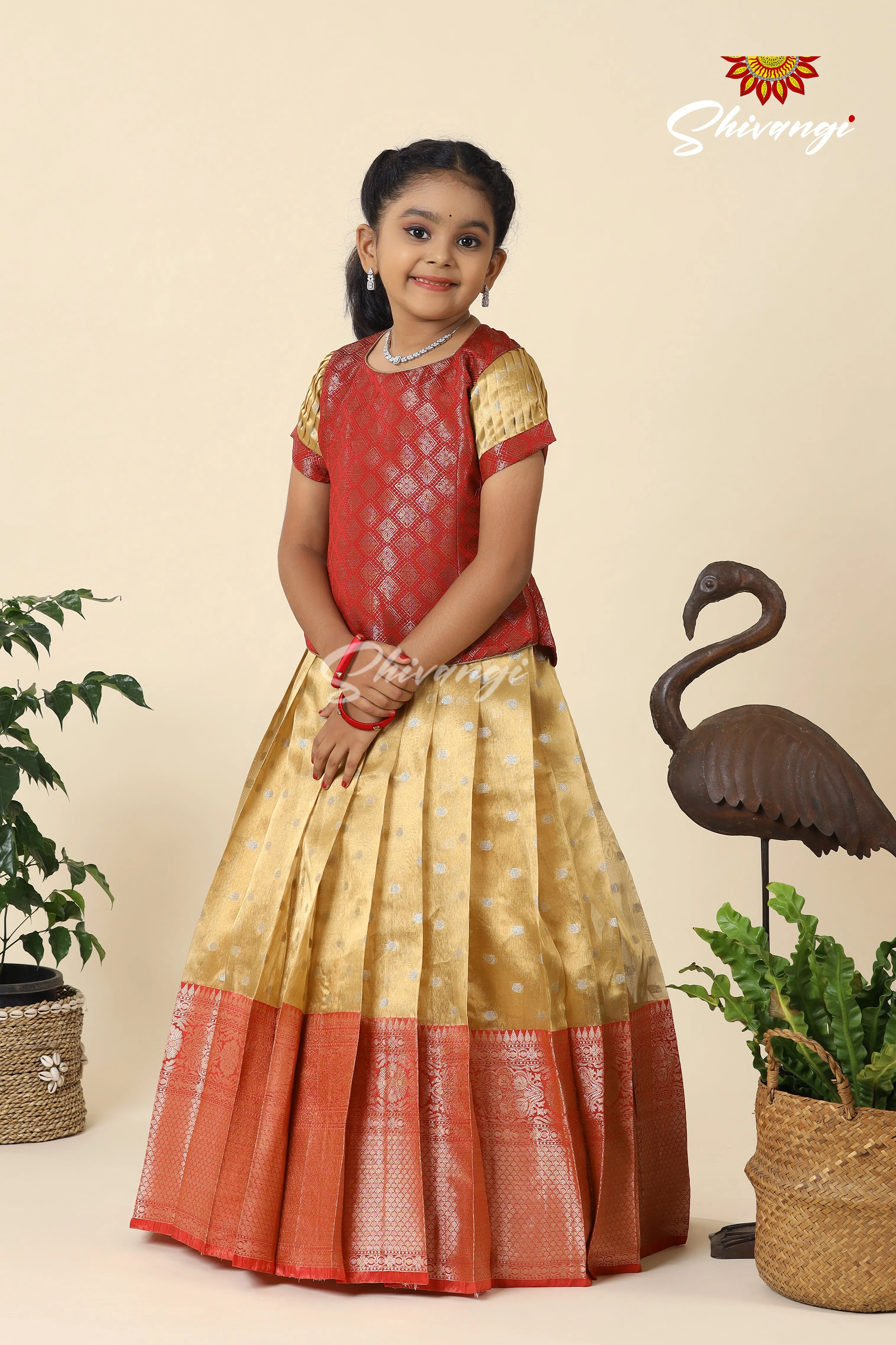 Festive Collection -  Red Tissue Butta Border Pavadai Set For Kids