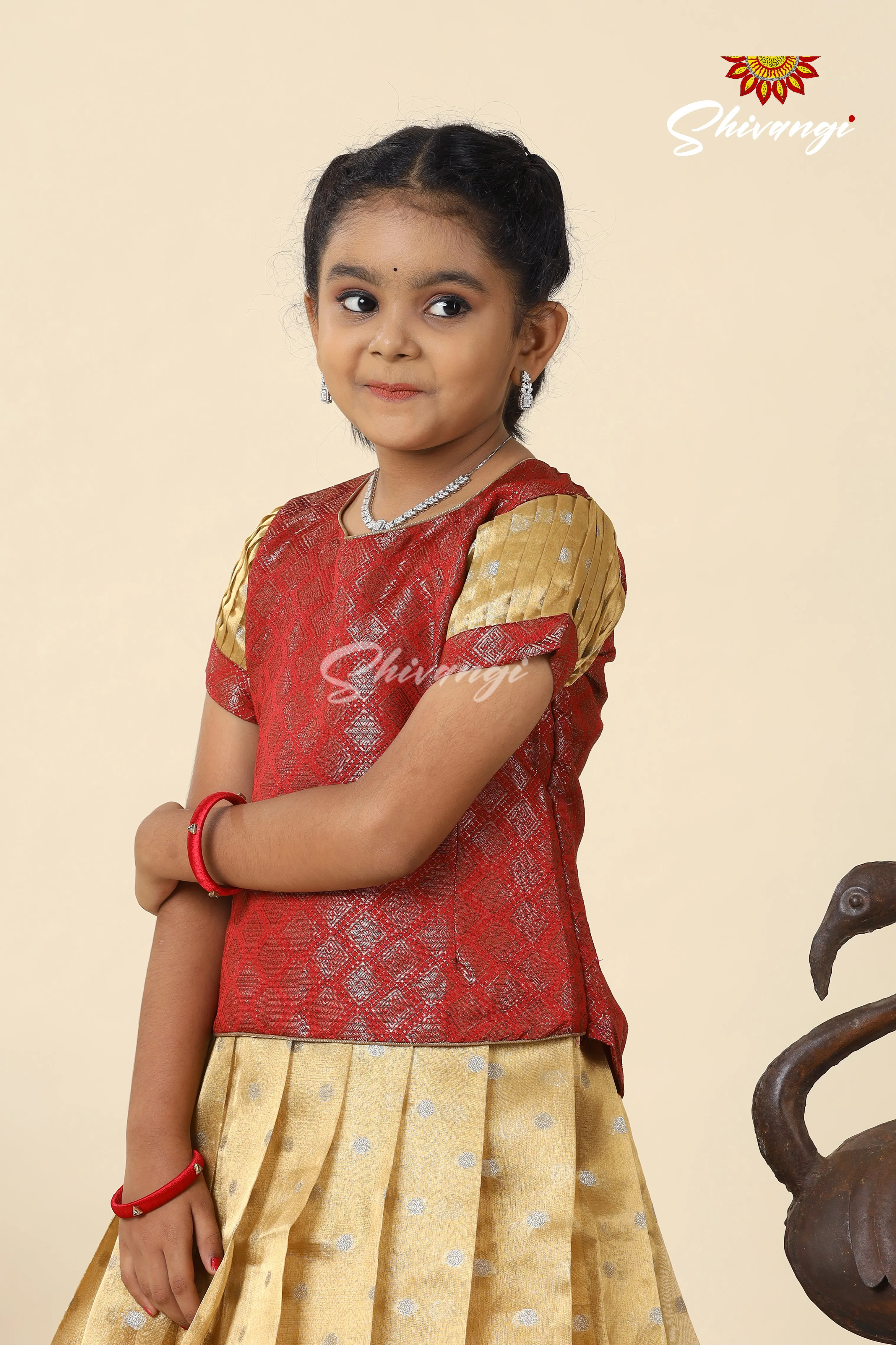 Festive Collection -  Red Tissue Butta Border Pavadai Set For Kids