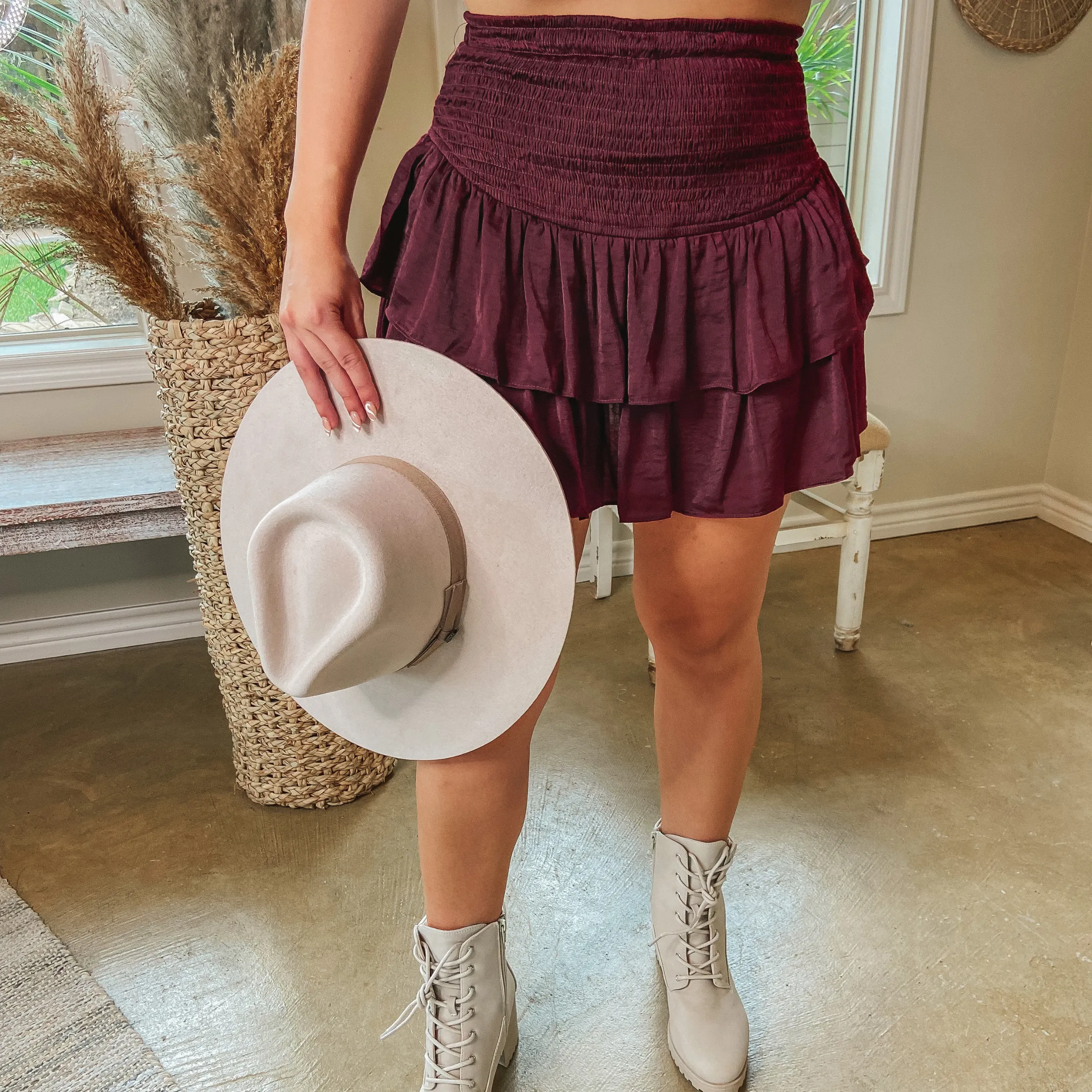 Flirty Delight Ruffle Mini Skort in Maroon