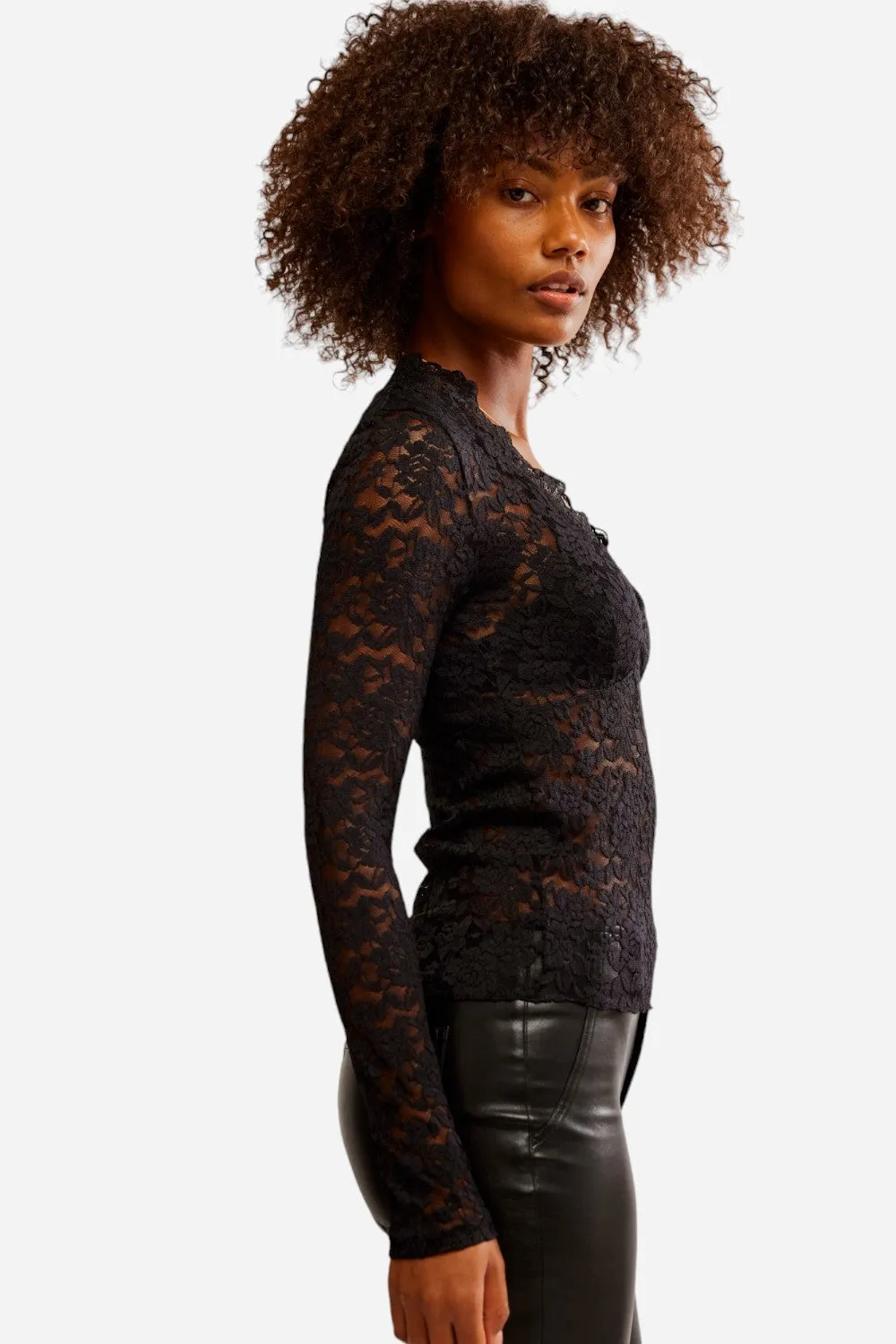 Free People All Day Lace Long Sleeve in Black