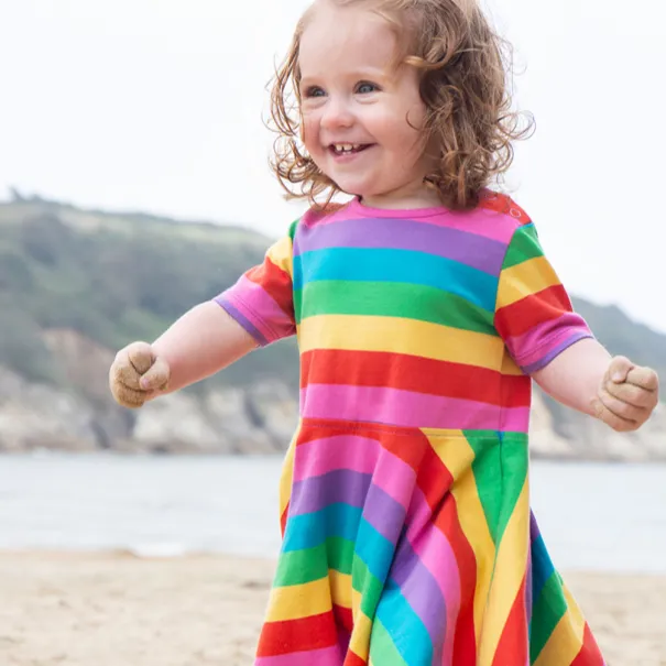 Frugi Little Sunshine Skater Dress - Foxglove Rainbow Stripe