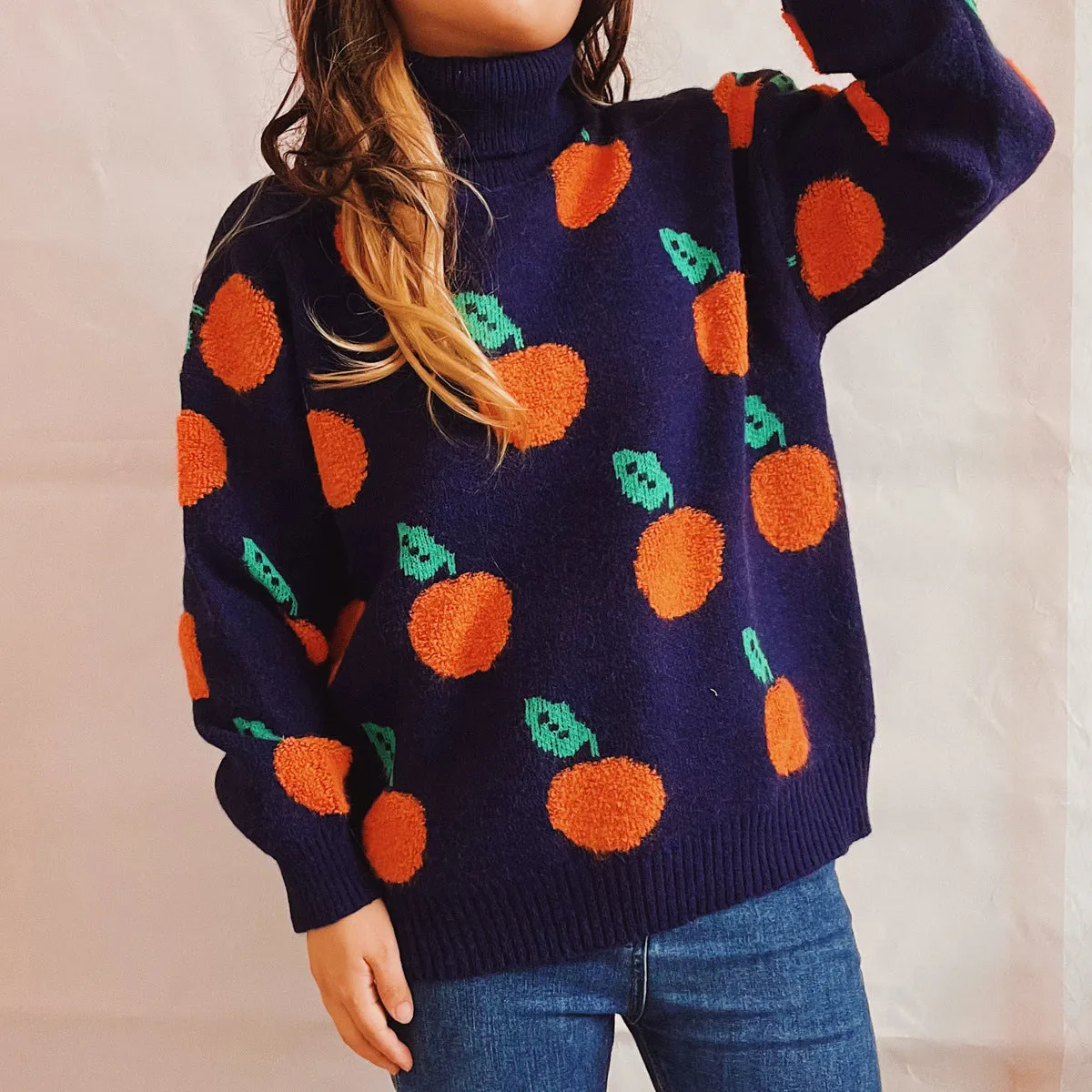 Fruit Pattern Turtleneck Dropped Sweater