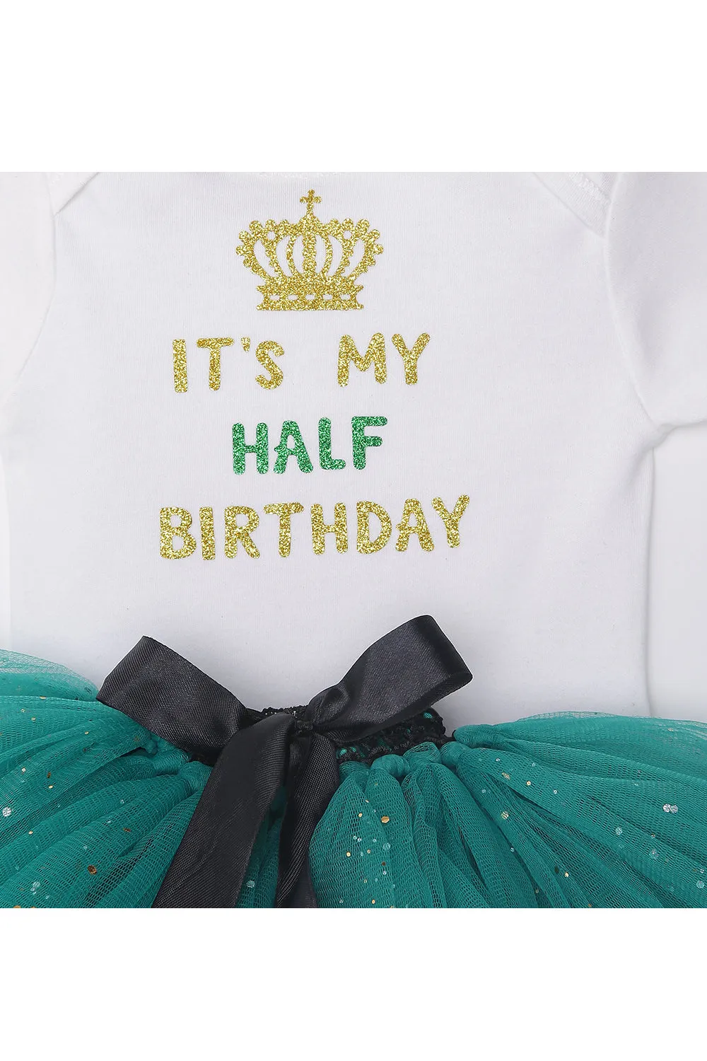 Green half birthday bodysuit with tutu skirt and hairband