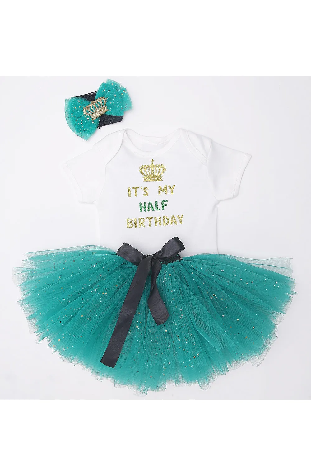 Green half birthday bodysuit with tutu skirt and hairband