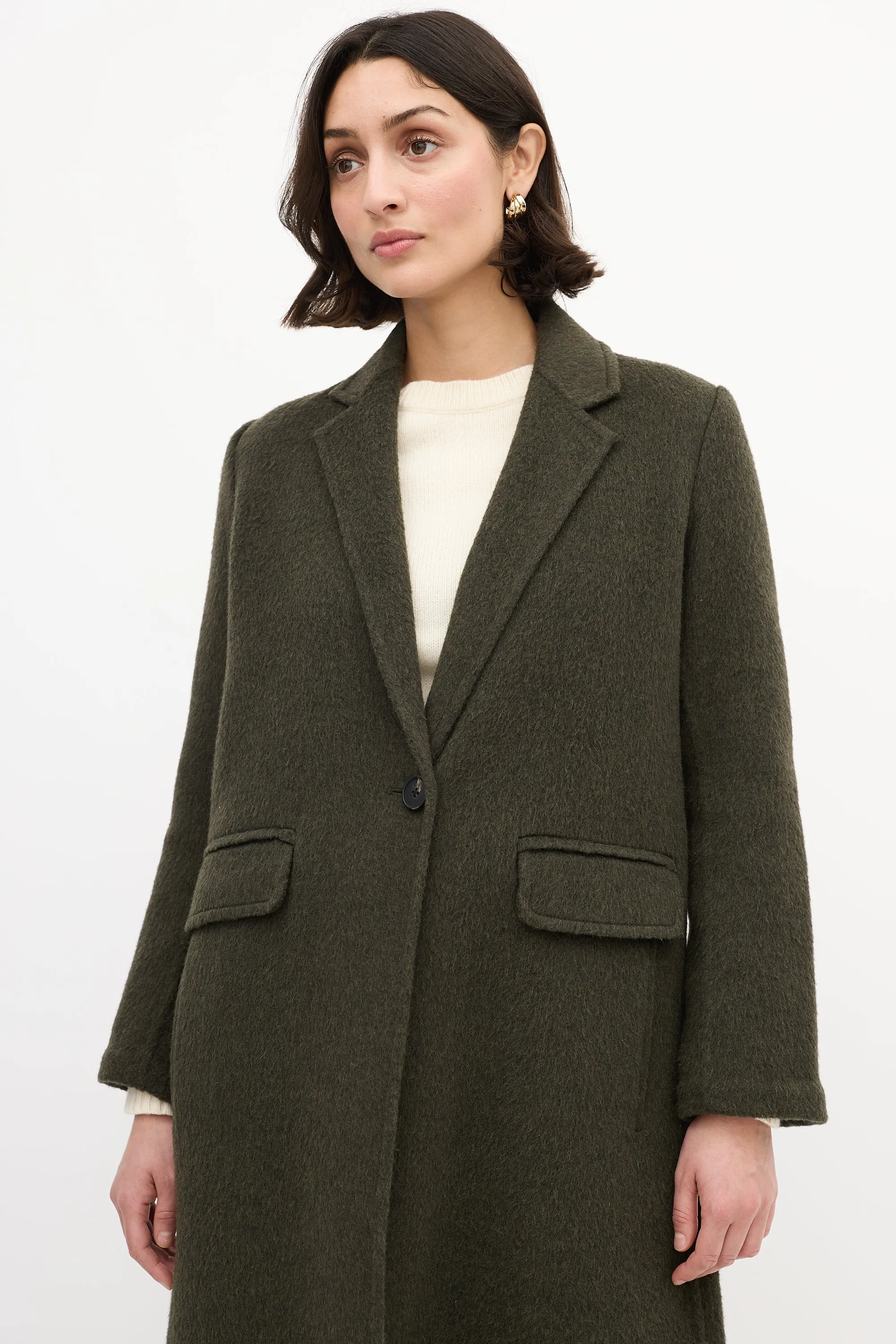 Green Wool Long Open Coat