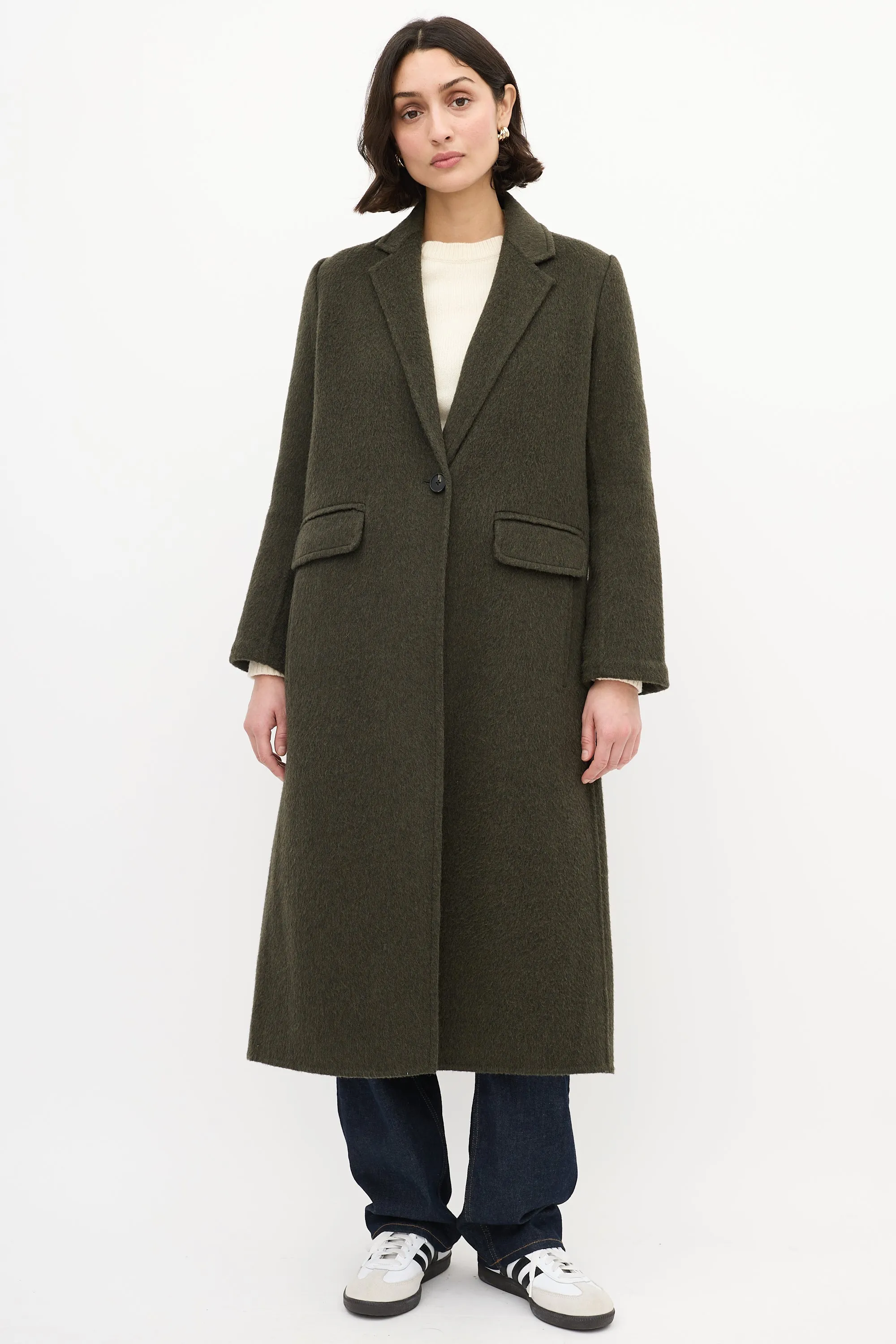 Green Wool Long Open Coat