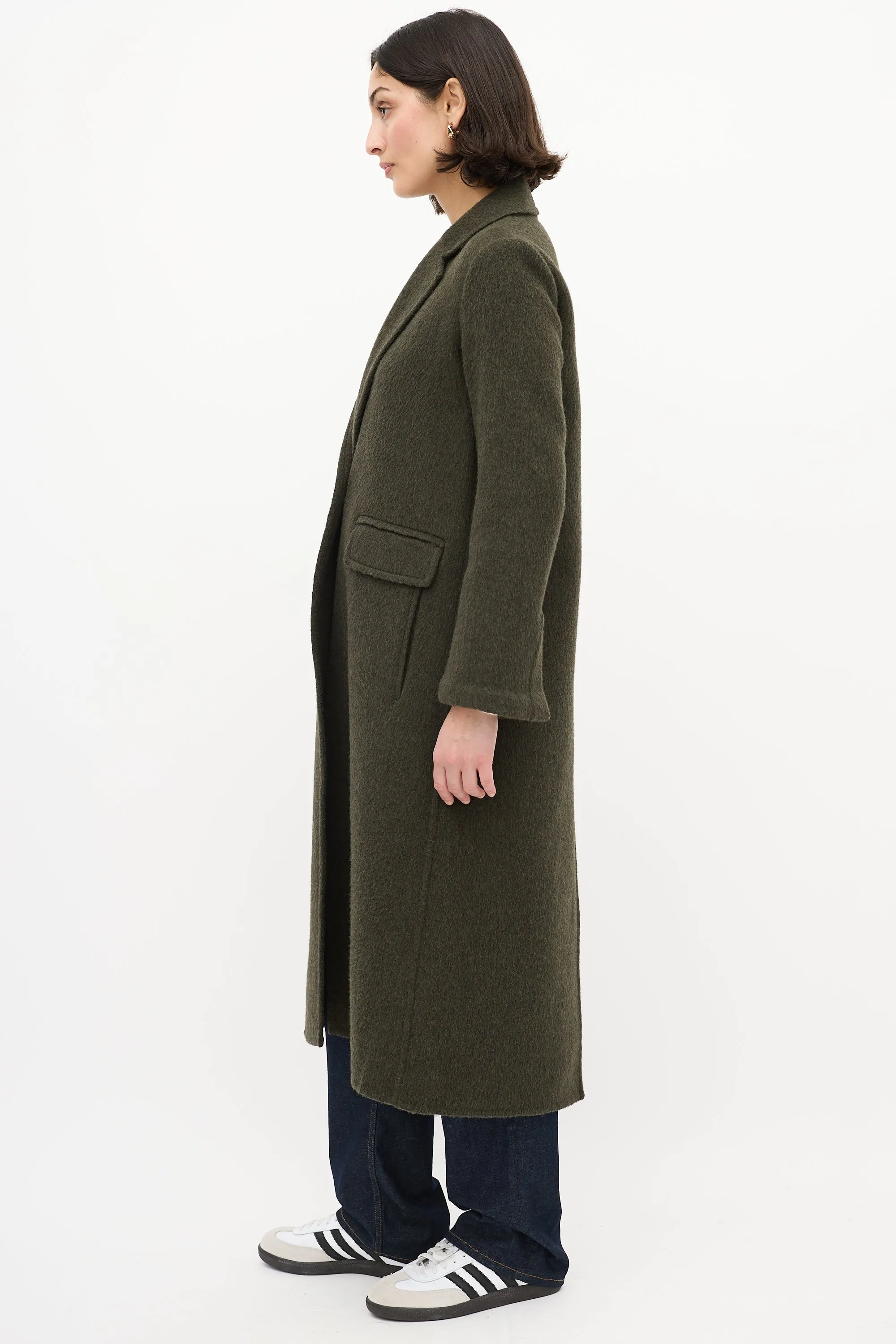 Green Wool Long Open Coat