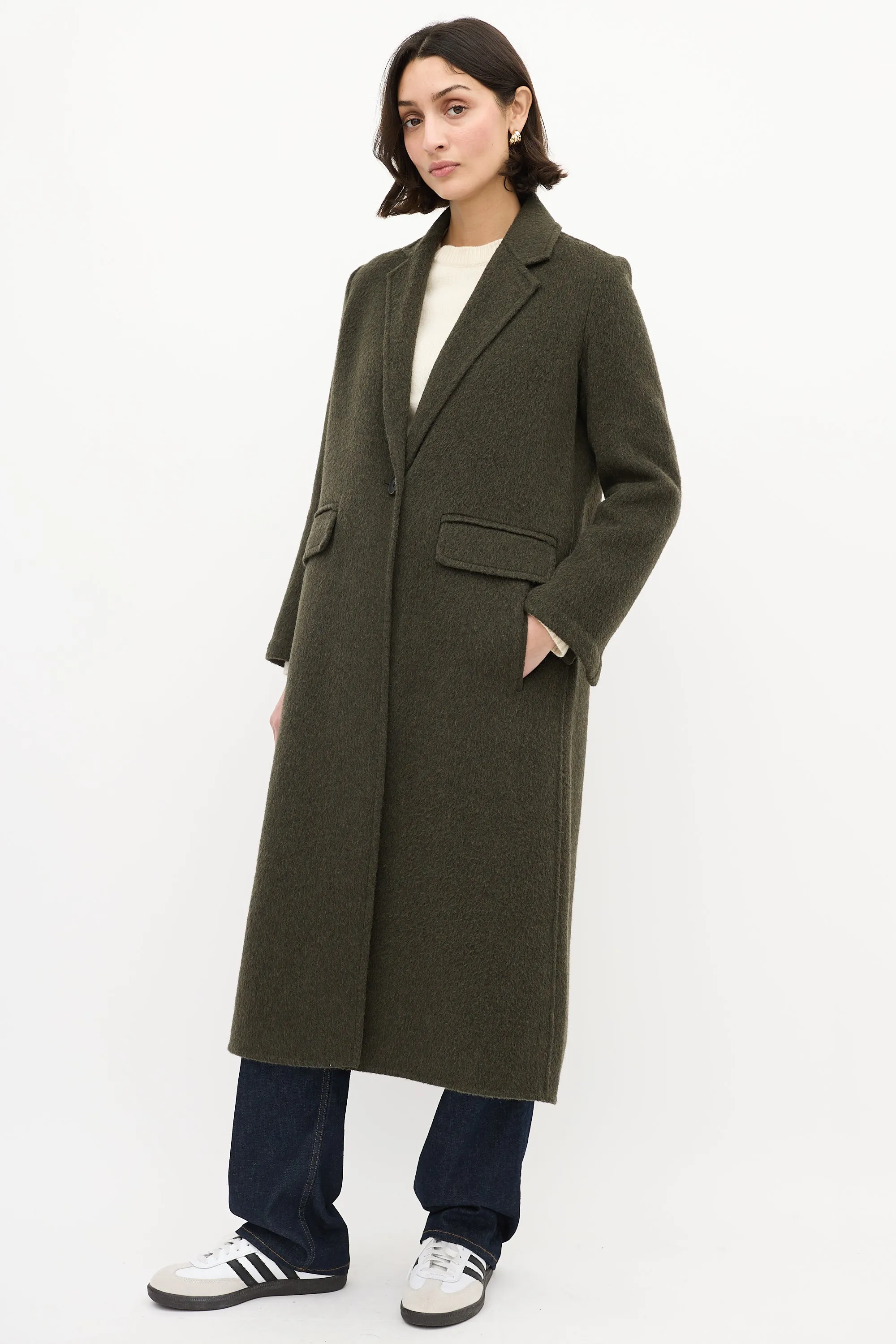 Green Wool Long Open Coat