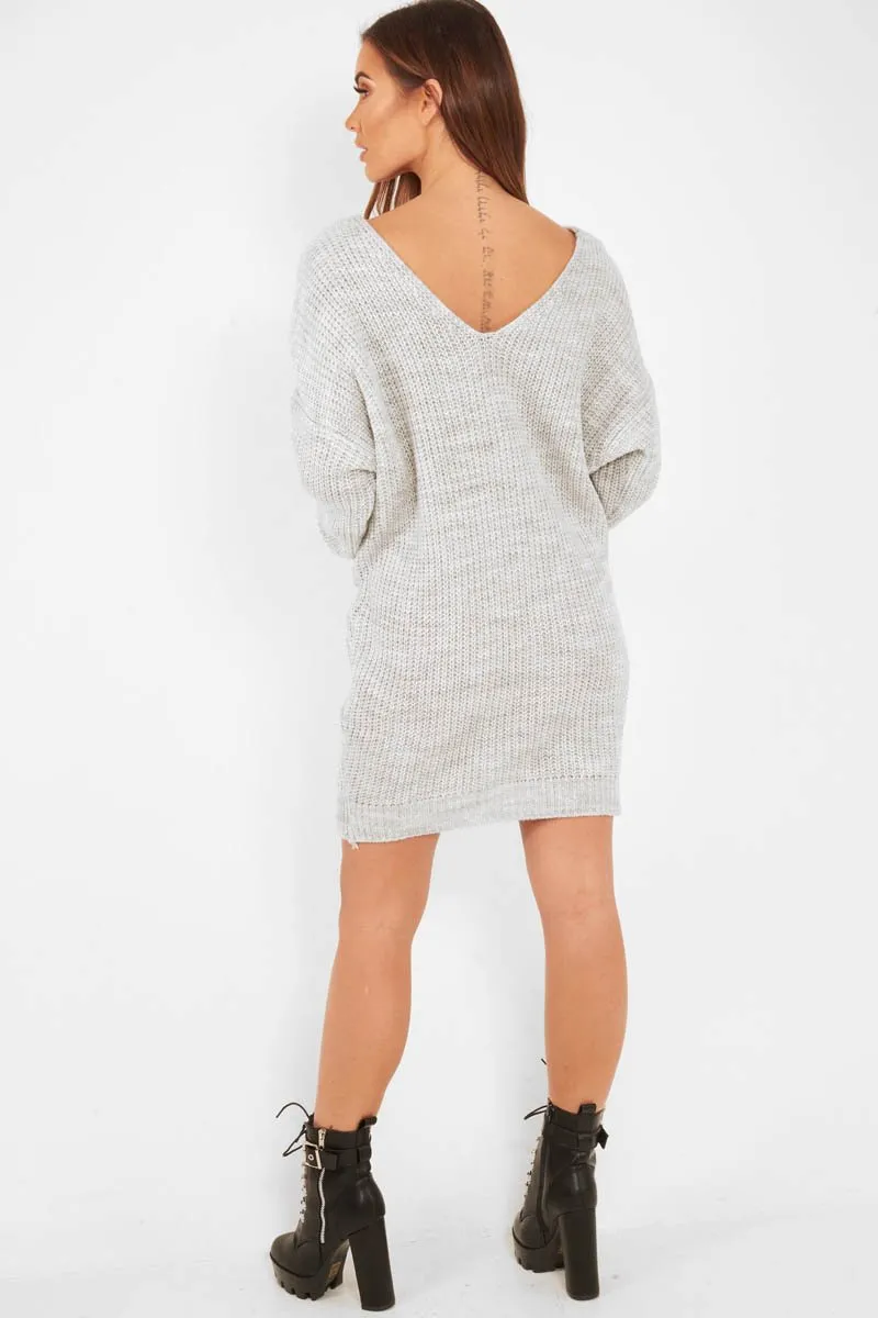 Grey Knot Front Jumper Dress - Hydee