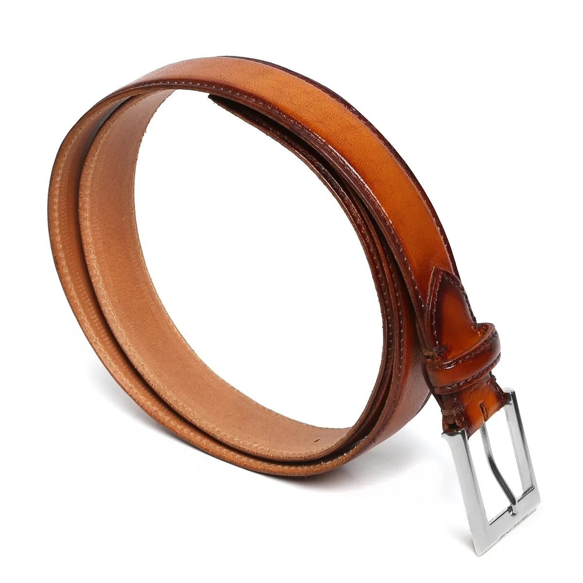 Hand Painted Leather Tan Belt With Silver Square Buckle