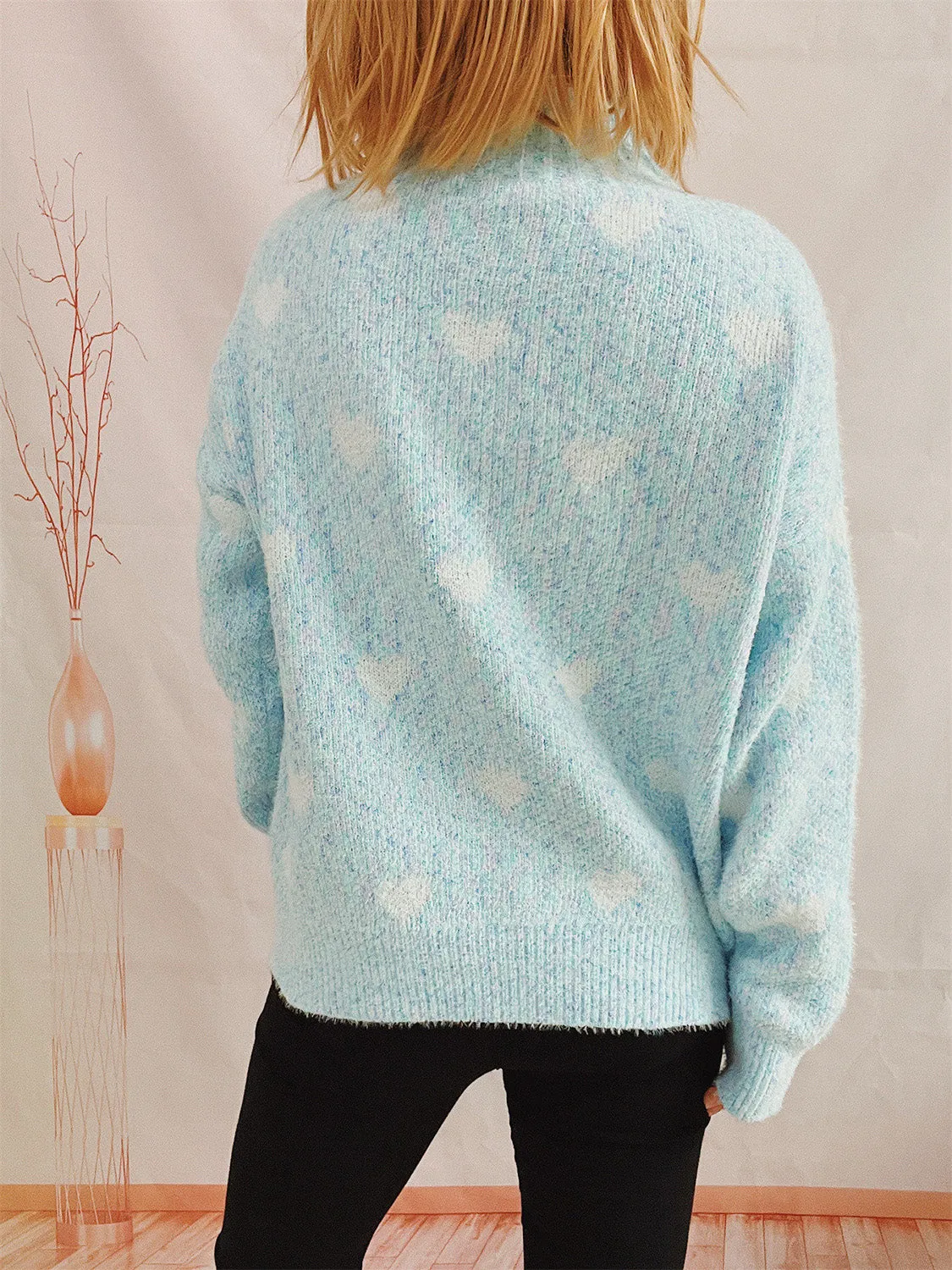 Heart Heathered Turtleneck Drop Shoulder Sweater