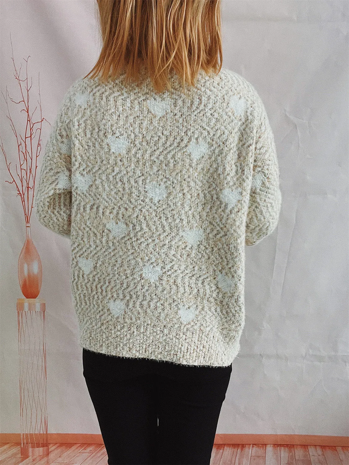 Heart Heathered Turtleneck Drop Shoulder Sweater