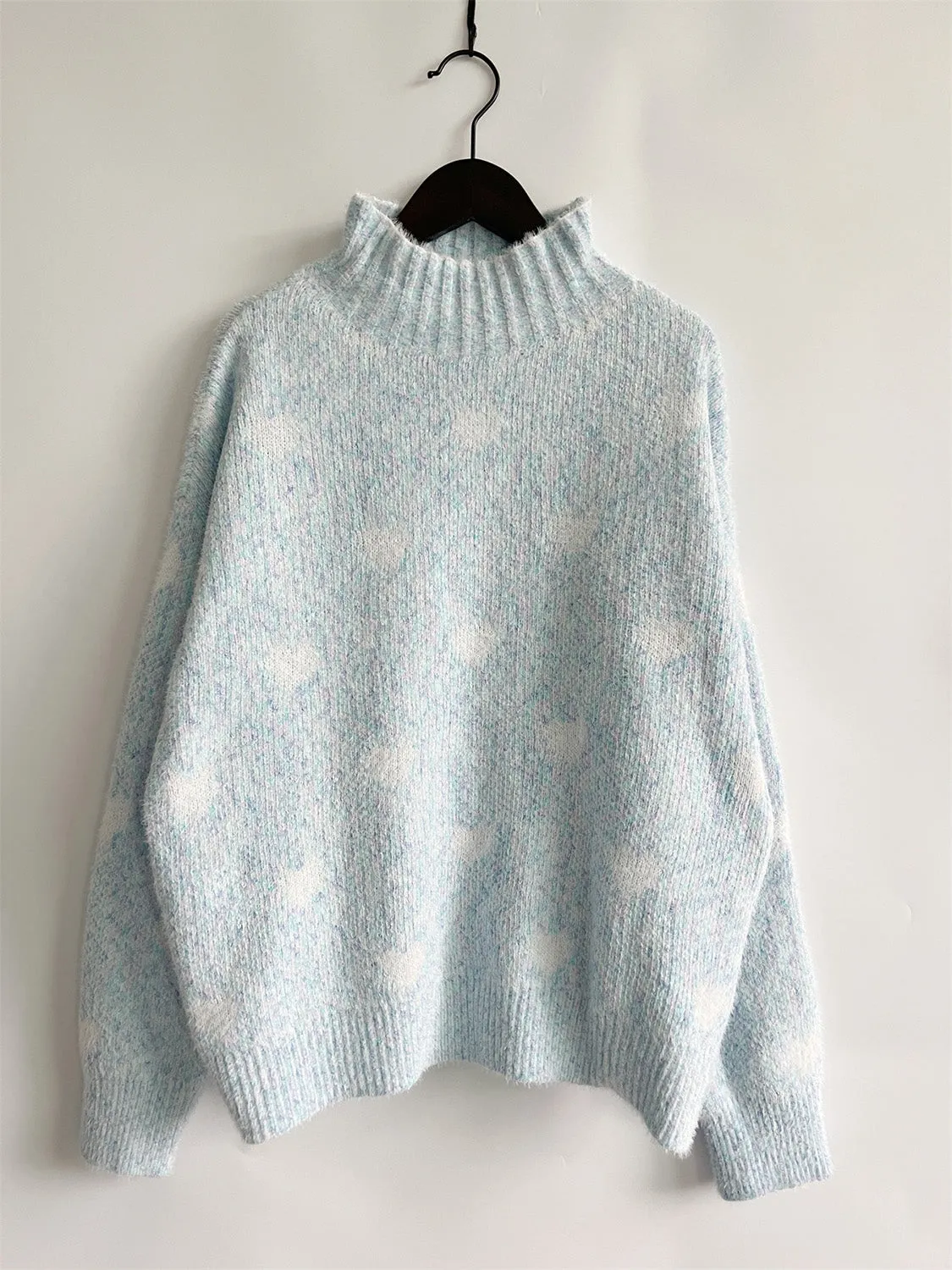 Heart Heathered Turtleneck Drop Shoulder Sweater