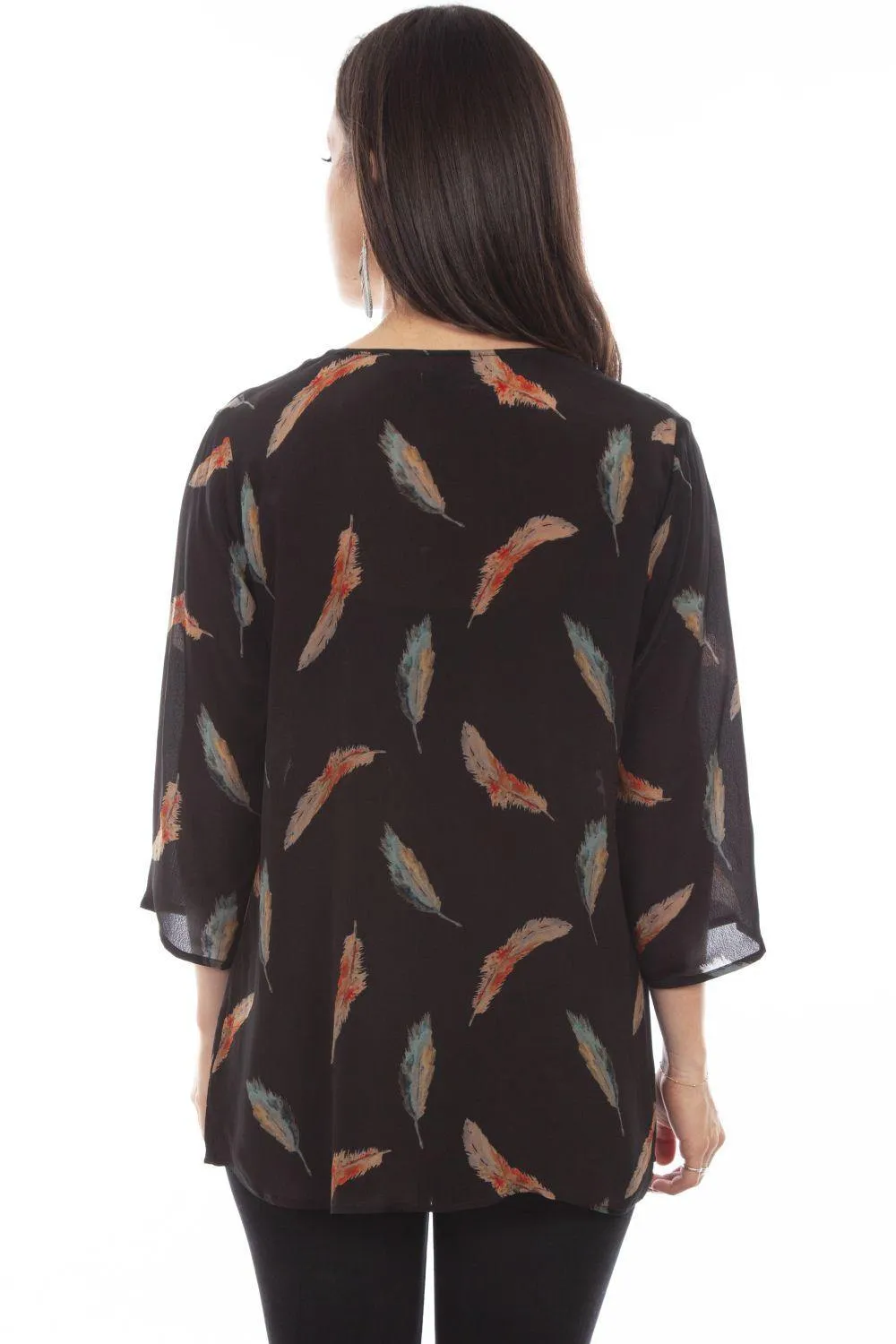 Honey Creek Black Feather Print Pull Over Blouse