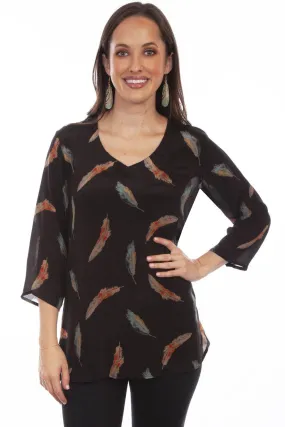 Honey Creek Black Feather Print Pull Over Blouse