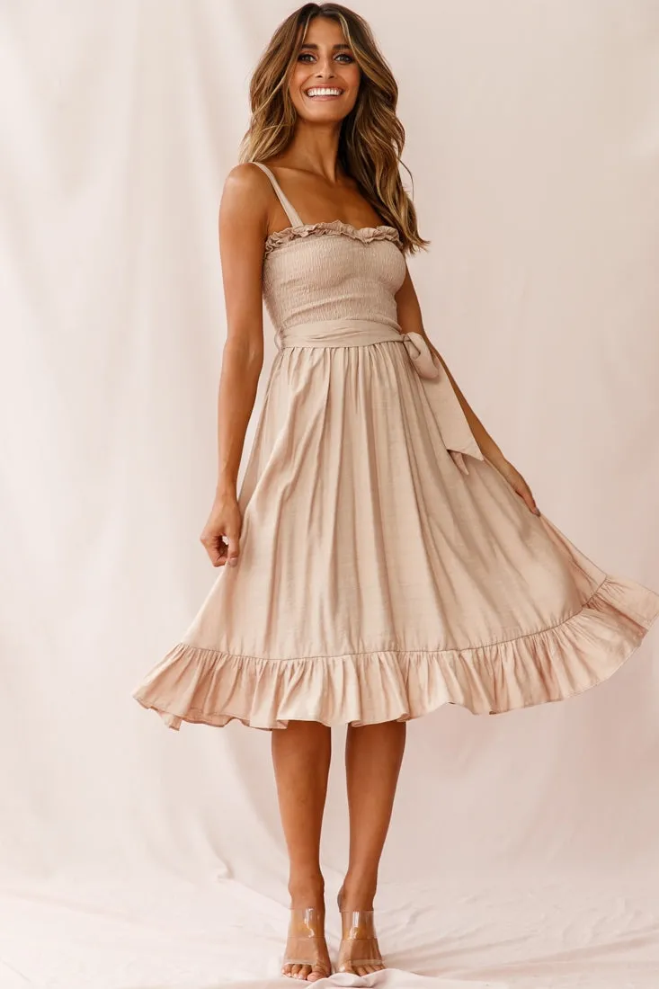 Honey Shirred Frill Midi Dress Mocha