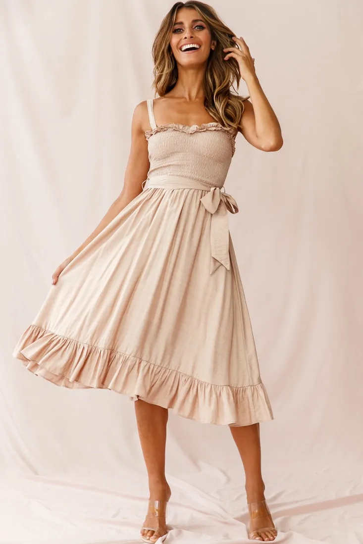 Honey Shirred Frill Midi Dress Mocha