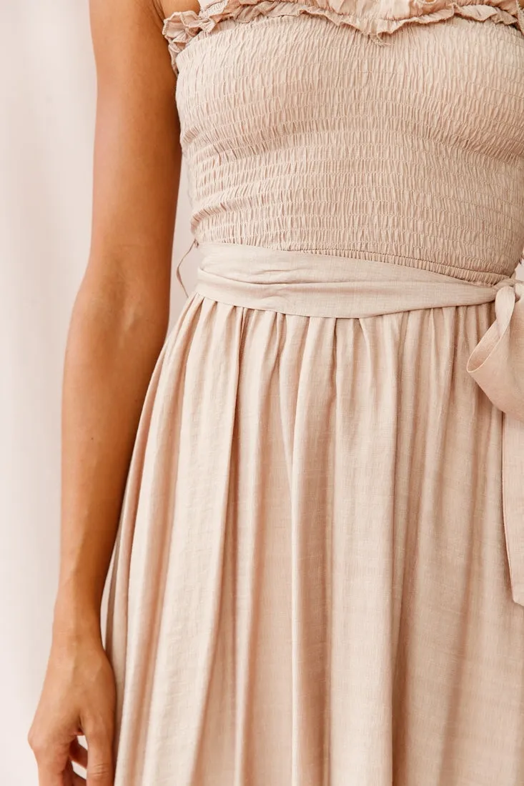 Honey Shirred Frill Midi Dress Mocha