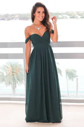 Hunter Green Off Shoulder Maxi Dress with Pleated Top