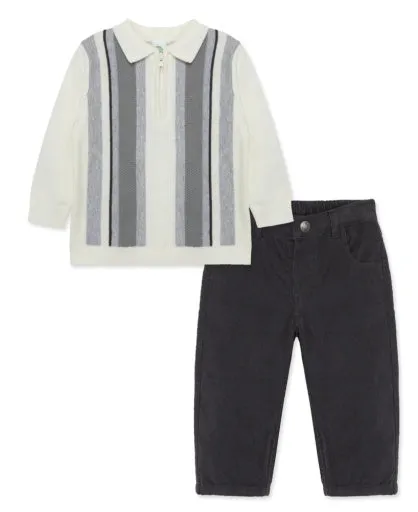 Intarsia Knit Polo LS w/Gray Cord Pants Set-Infant