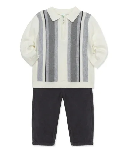 Intarsia Knit Polo LS w/Gray Cord Pants Set-Infant