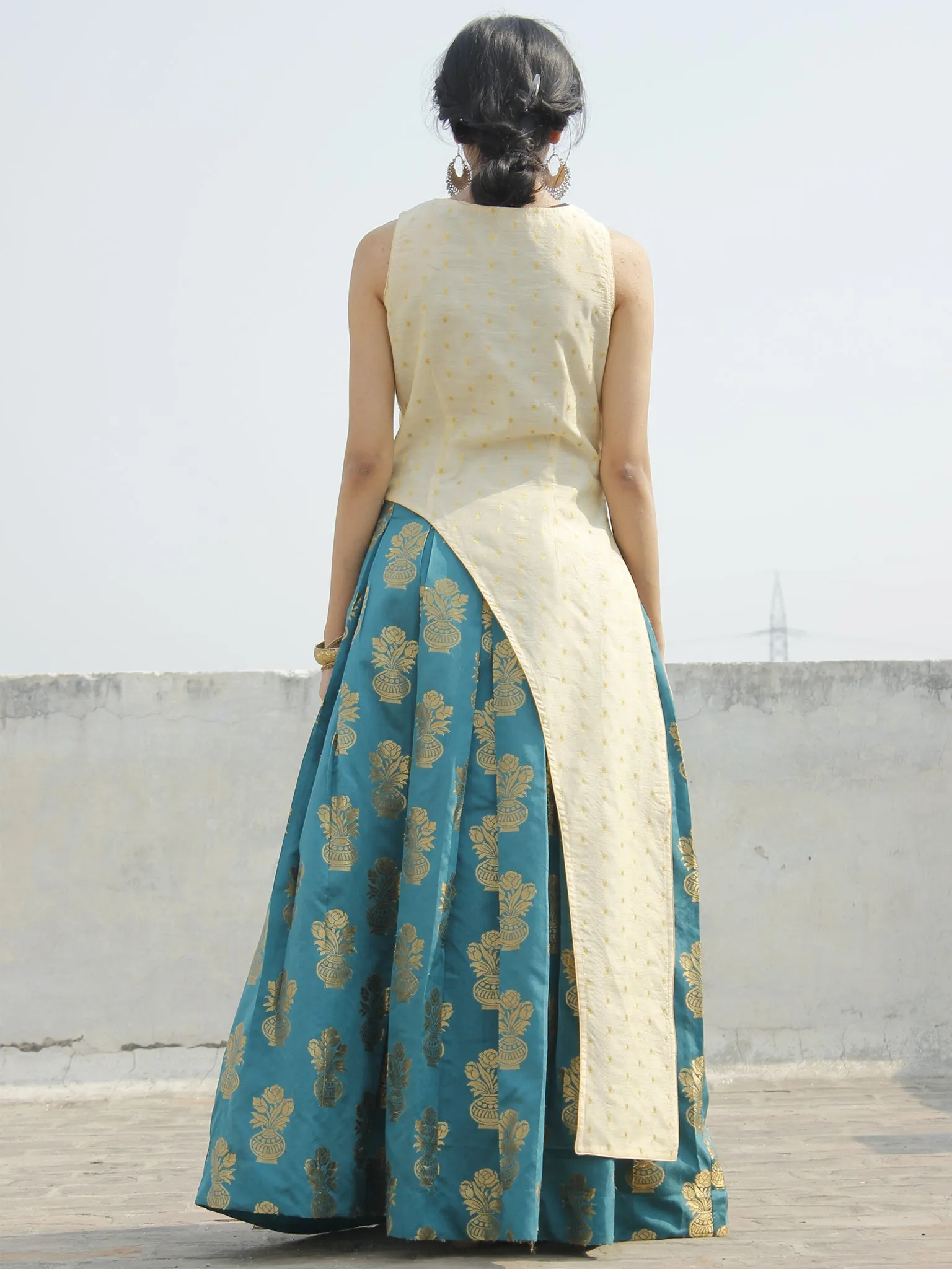 Ivory Teal Golden Asymmetrical Kurta With Box Pleated Skirt (Set of 2) - D123F001