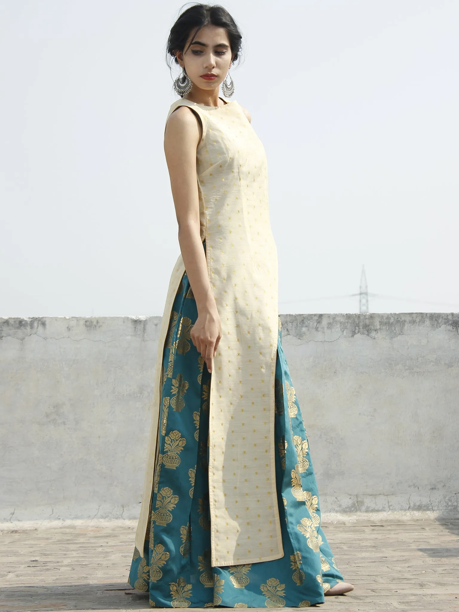 Ivory Teal Golden Asymmetrical Kurta With Box Pleated Skirt (Set of 2) - D123F001