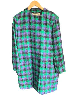 Jaeger Wool Green Black & Purple Checked Long Sleeved Coat UK Size 12