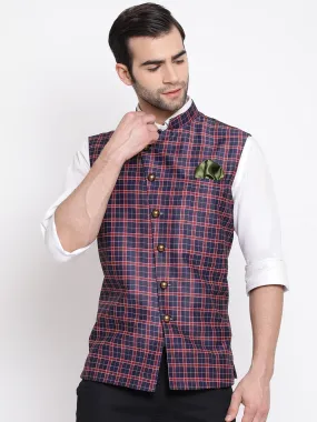 Jashvi Men's Blue Checked And Angrakha Pattern Classic Nehru Jacket