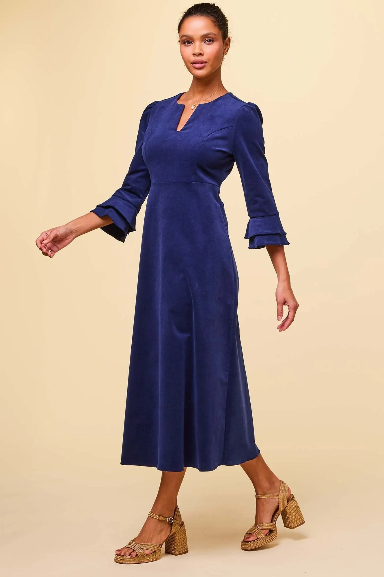 Jocelyn V-Neck 3/4 Sleeve Stretch Corduroy Dress | Atlantic Blue