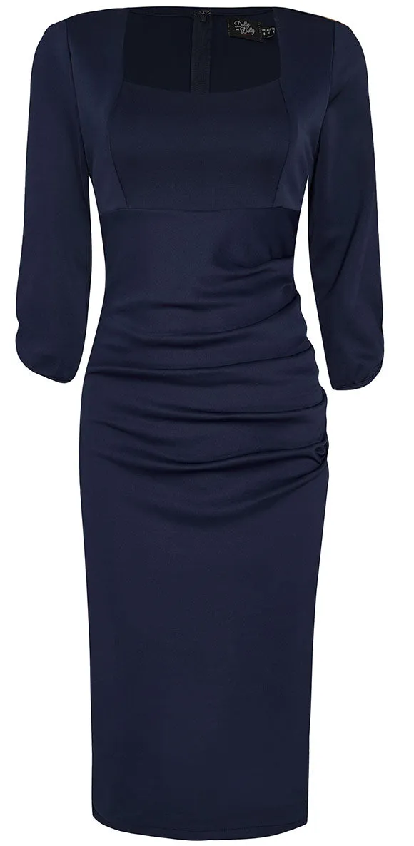 Judy Ruffled Waist Tight Wiggle Dress in Navy Blue