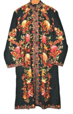 Kashmiri Woolen Coat Black, Multicolor Embroidery #AO-133