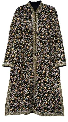 Kashmiri Woolen Coat Black, Multicolor Embroidery #AO-1621