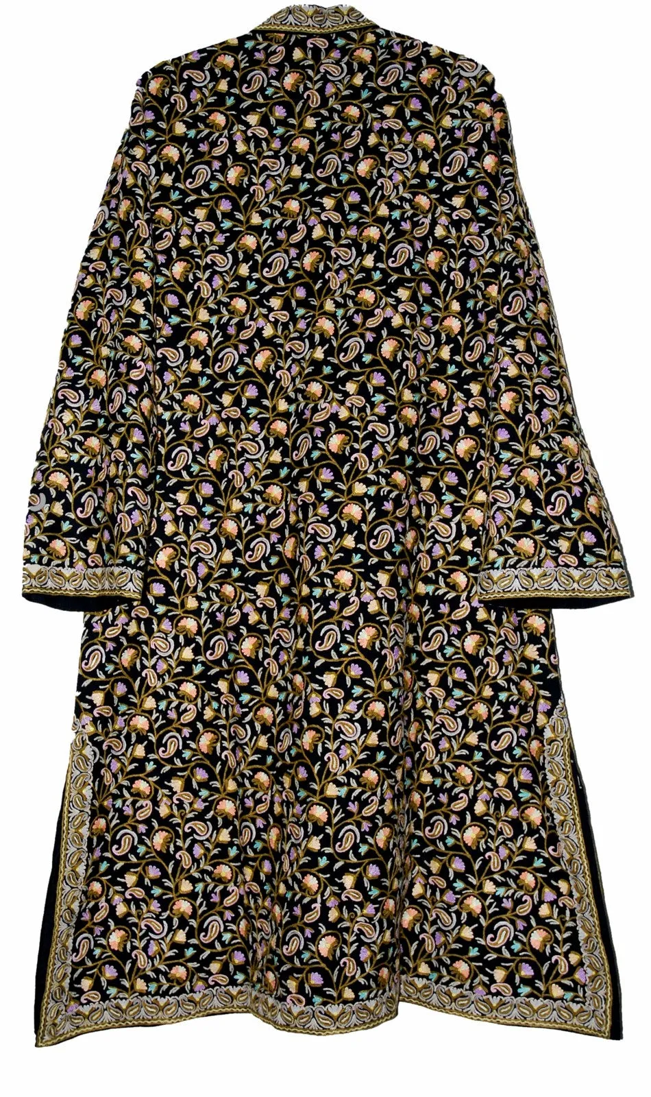 Kashmiri Woolen Coat Black, Multicolor Embroidery #AO-1621