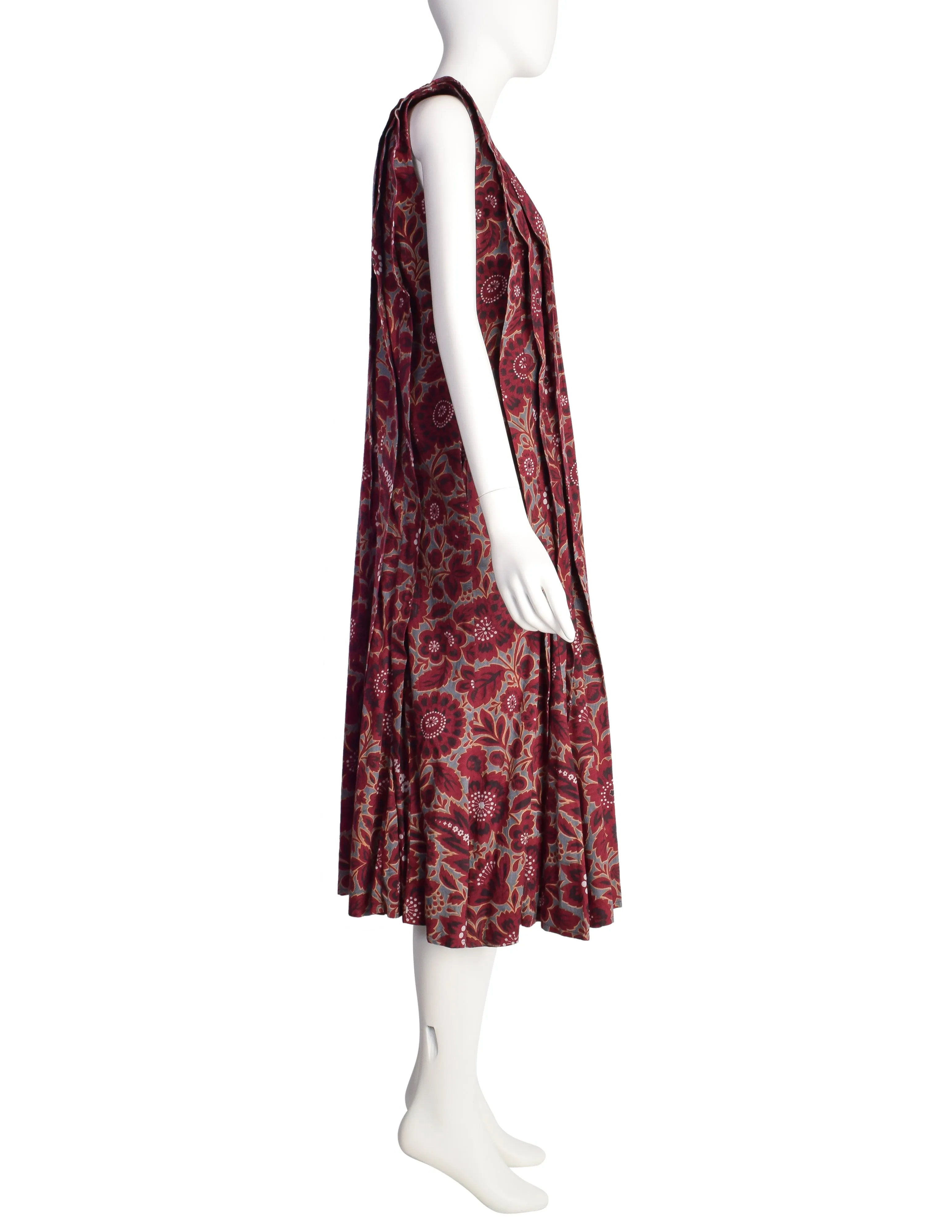 Kenzo Vintage SS 1985 Burgundy Grey Floral Pleated Cotton Jacquard Dress