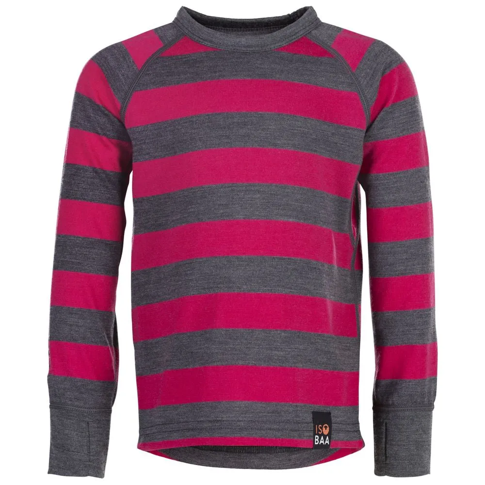 Kids Merino Blend 200 Long Sleeve Crew (Stripe Smoke/Fuchsia)