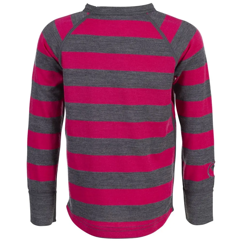 Kids Merino Blend 200 Long Sleeve Crew (Stripe Smoke/Fuchsia)