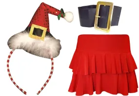 Ladies Christmas Red Rara Skirt Santa Hat on Headband Buckle belt Fancy Dress