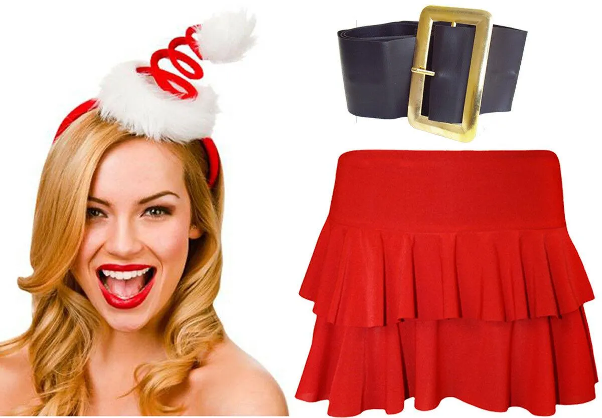 Ladies Christmas Red Rara Skirt Spiral Santa Headband Buckle belt Fancy Dress