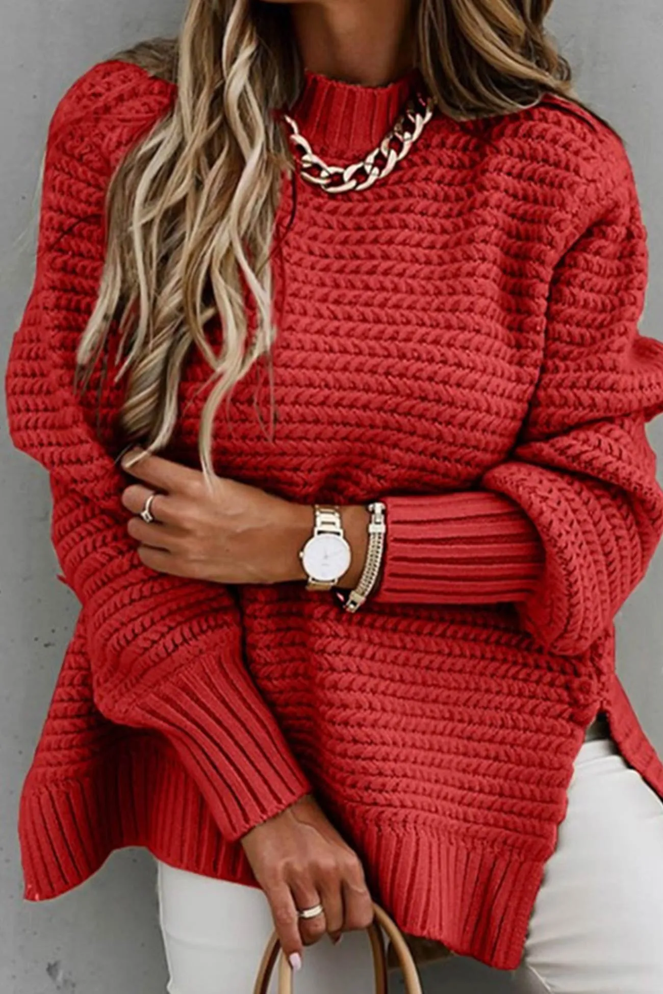 Lantern Sleeve Slit Pullover Sweater